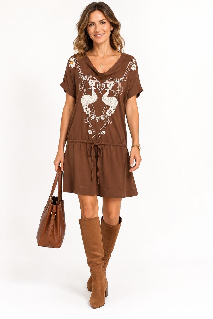 Johnny Was JWLA Brown Embroidered Bird Boho Tunic Dress Drop Waist Small